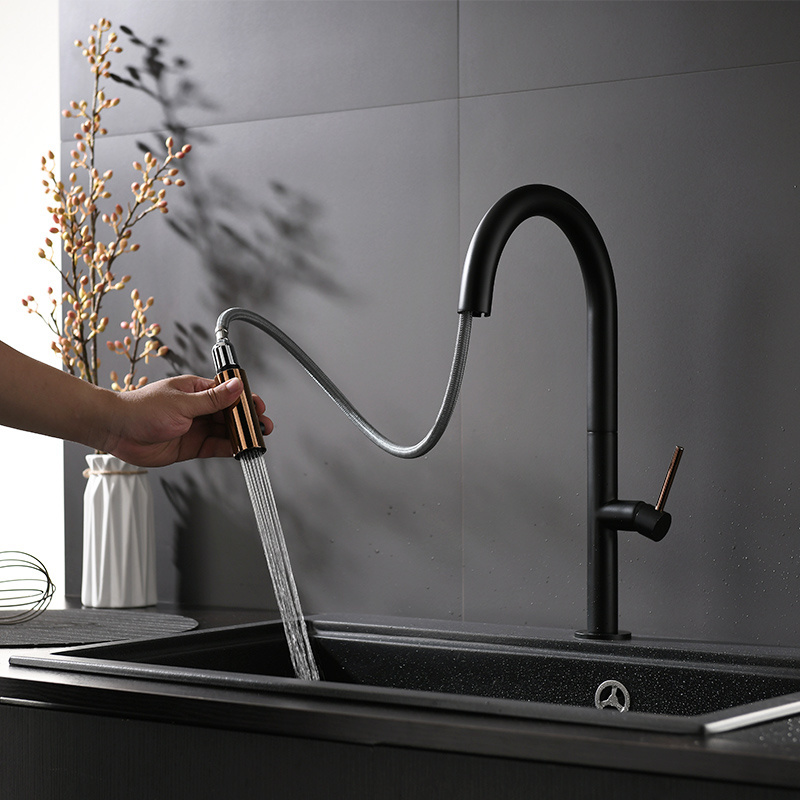 2023 Luxury upc pullout brass gold sink taps pull out kitchen faucet matt black with pull down sprayer