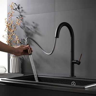 2023 Luxury upc pullout brass gold sink taps pull out kitchen faucet matt black with pull down sprayer