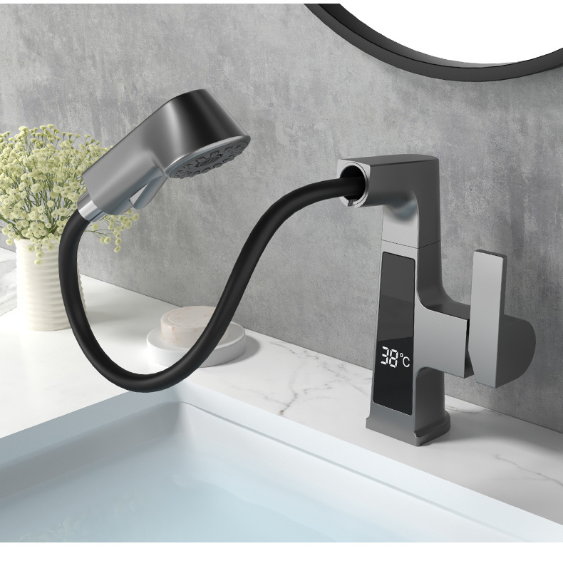 Gun grey multifunction bathroom basin faucet temperture display pull out lift hot cold faucet