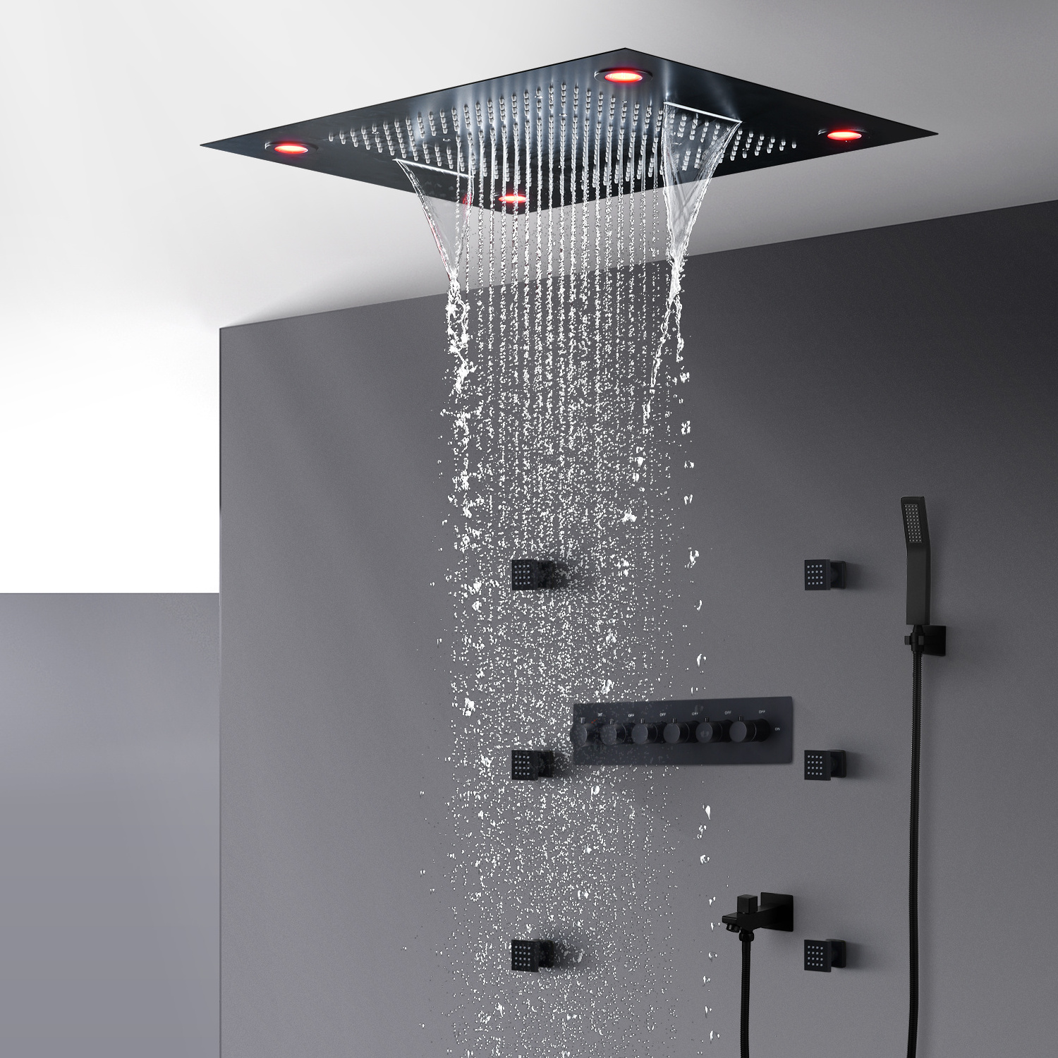 Luxury Bathroom Smart Shower Panel 600*600 mm Stainless Steel LED Music 4 Outlet Shower Valve Head Faucet Set