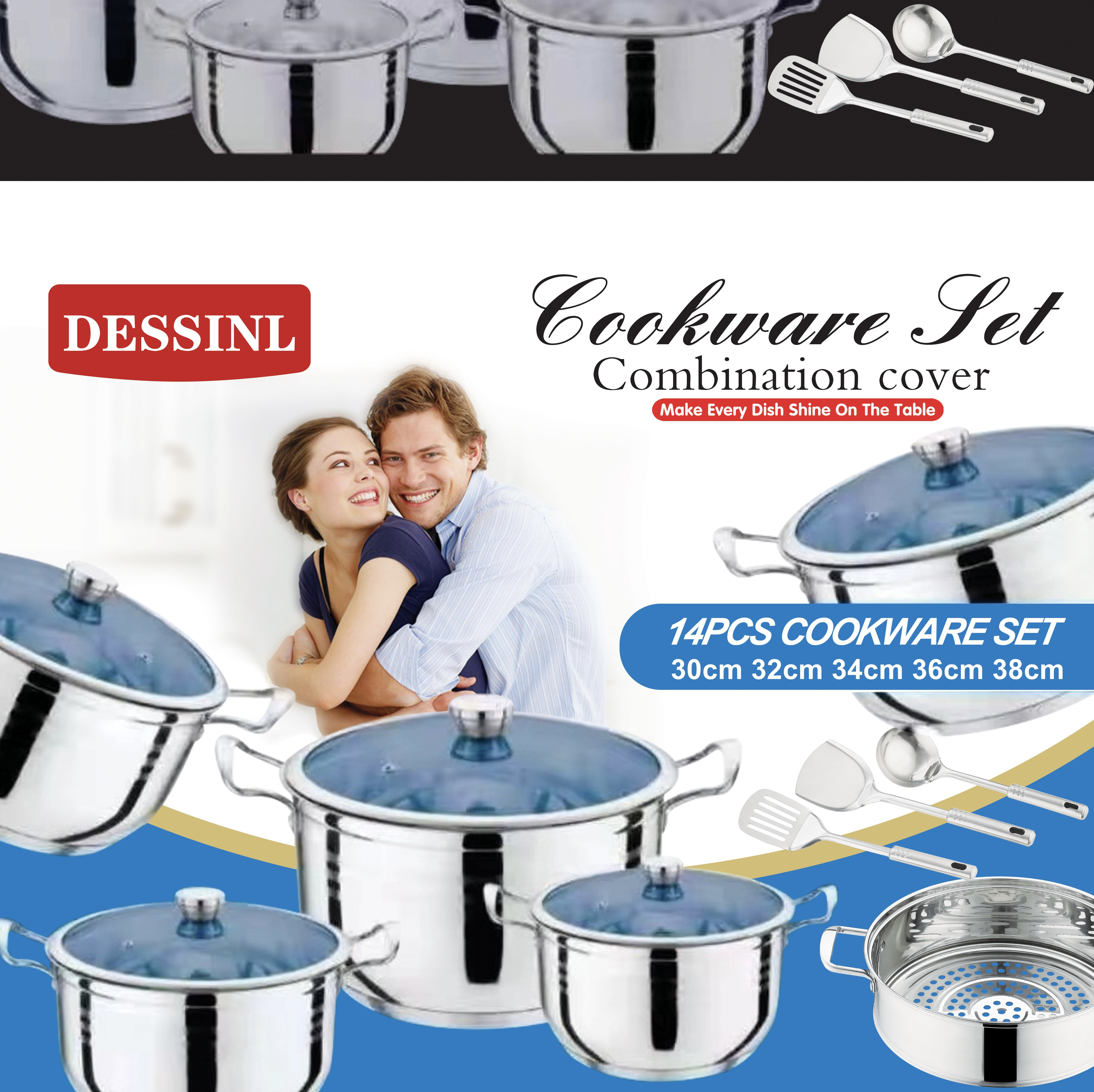 Stainless steel cookware set 14pcs big cookware sets with steamer Wide edge stainless steel cookware 30-38cm