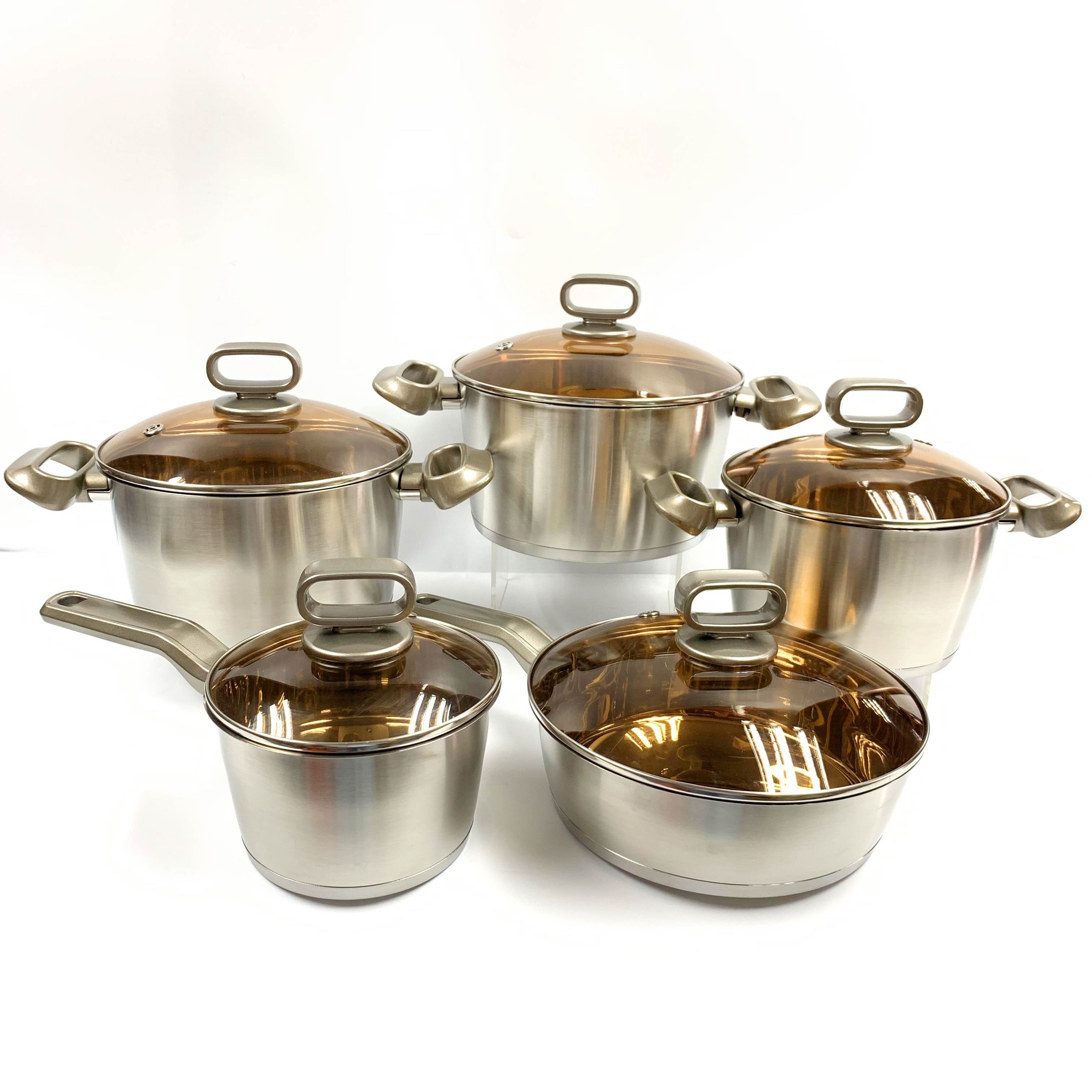 Korean style 10pcs stainless steel cookware sets brown glass lid cacerola cooking pot saucepan