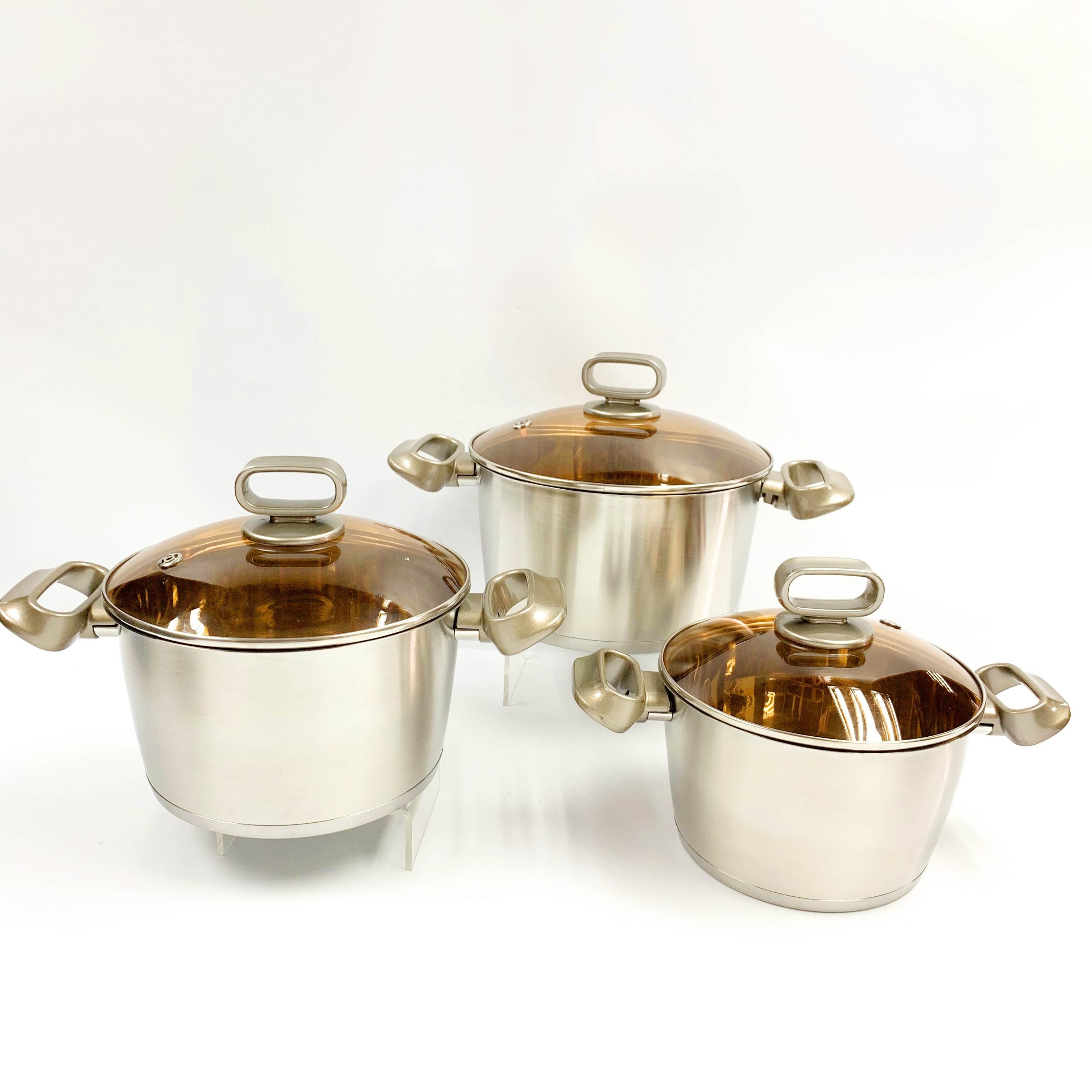 Korean style 10pcs stainless steel cookware sets brown glass lid cacerola cooking pot saucepan