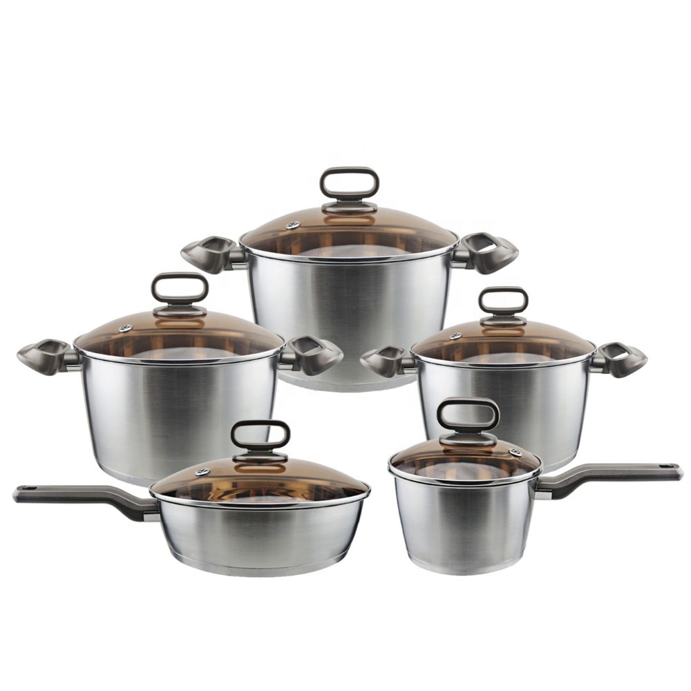 Korean style 10pcs stainless steel cookware sets brown glass lid cacerola cooking pot saucepan