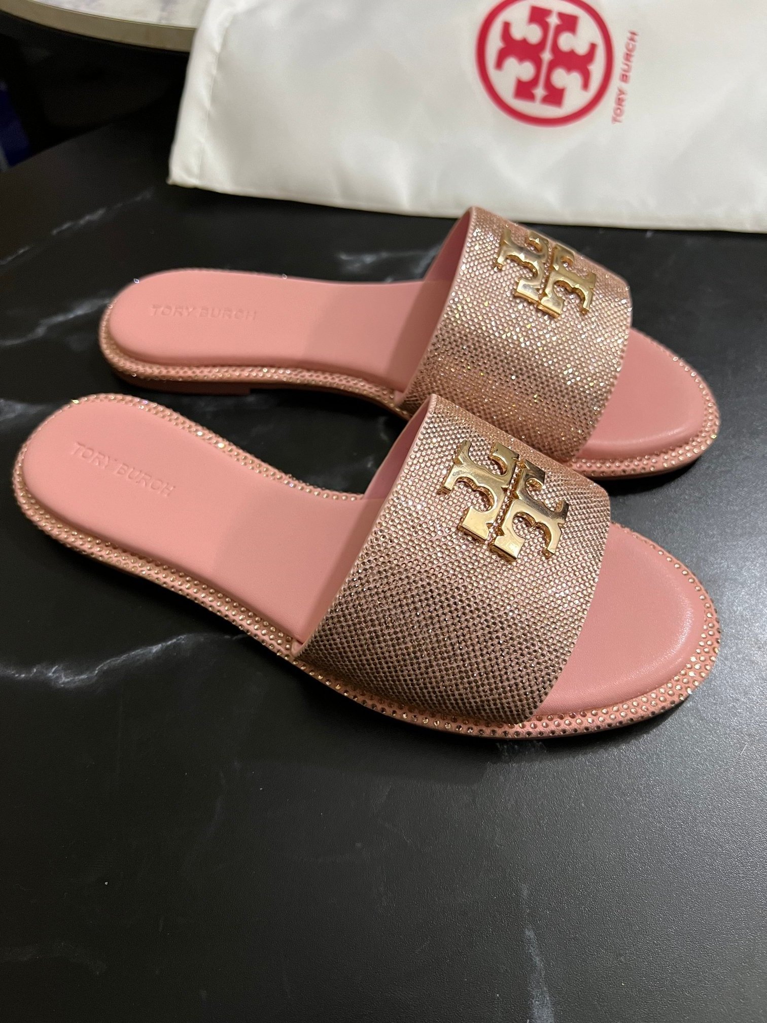 Luxury  Brand  Ladies leather Shiny TB  Sandals Summer  Flat  Beach Slide  Women   Sandals