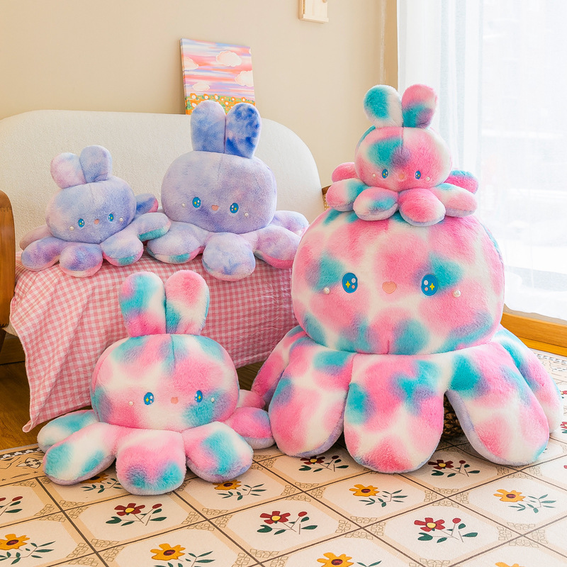 Double-sided Flip Stuffed Animals Pink Purple Plush Octopus Shaped Bunny Rabbit Soft Toys Pillow