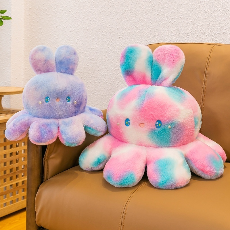 Double-sided Flip Stuffed Animals Pink Purple Plush Octopus Shaped Bunny Rabbit Soft Toys Pillow