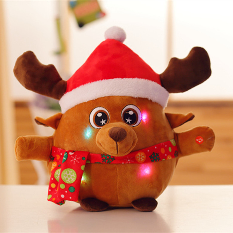 Cute Round Shaped Glowing Singing Christmas Reindeer Santa Stuffed Plush Toys Christmas Decorations Gifts