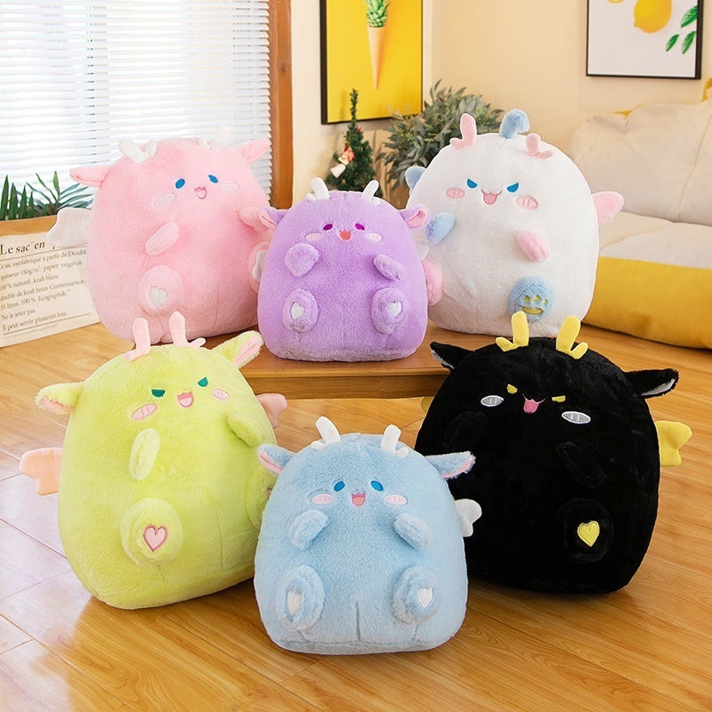 Fluffy Cute Black Purple Blue YEllow Green White Pink Round Shaped Stuffed Plush Dragon Pillow Toys