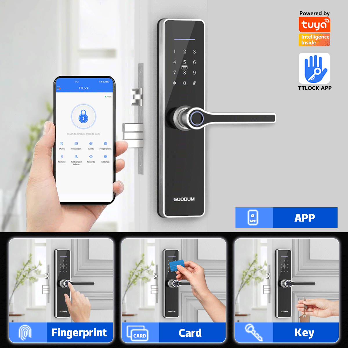 Goodum Biometric Fingerprint Smart Home Digital Deadbolt RFID Code Gate Combination Secure Core Wifi Lock with Smart Padlock