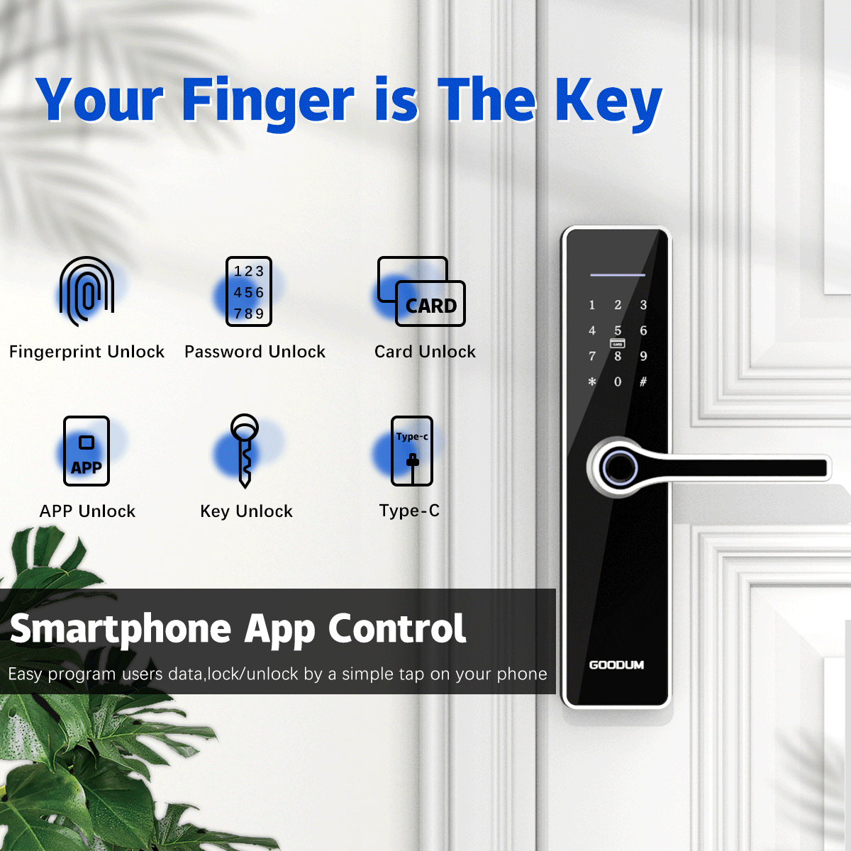 Goodum Biometric Fingerprint Smart Home Digital Deadbolt RFID Code Gate Combination Secure Core Wifi Lock with Smart Padlock