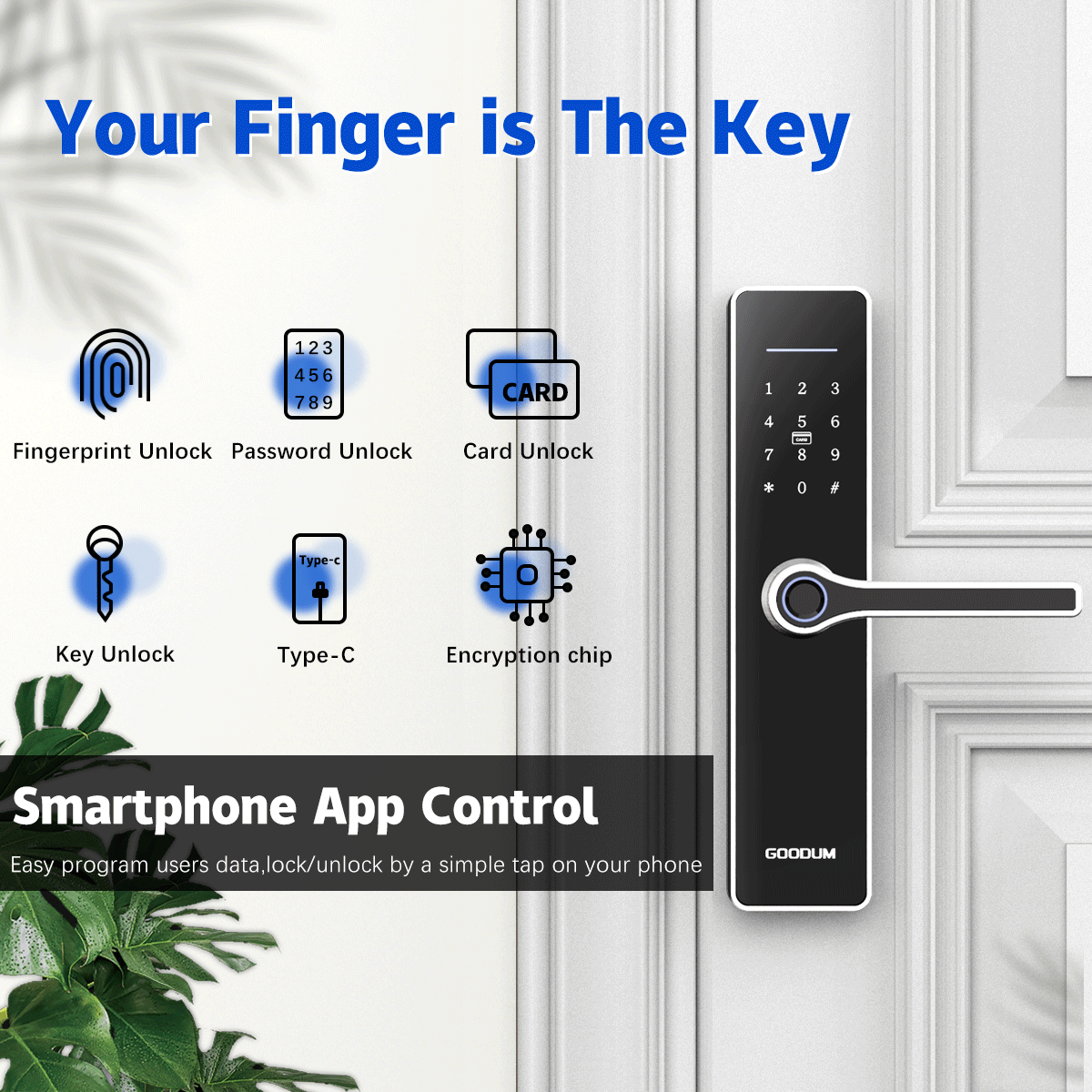 Goodum Biometric Fingerprint Scanner Handle Wifi Tuya TTlock Digital Self Locking Keyless Smart Door Lock Deadbolt