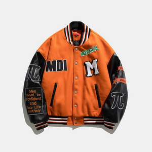 High Quality Genuine Leather Sleeves Chenille Embroidery Patch Orange Letterman Varsity Jackets Men