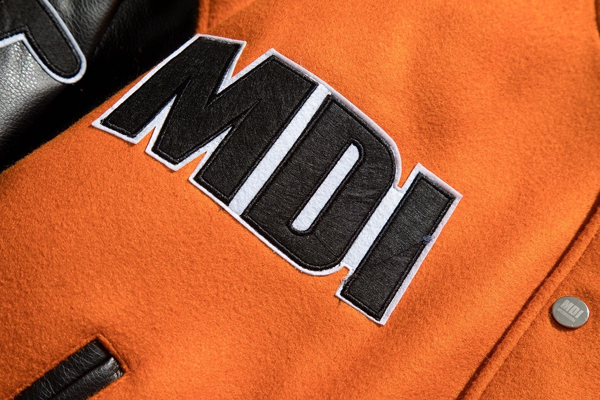 High Quality Genuine Leather Sleeves Chenille Embroidery Patch Orange Letterman Varsity Jackets Men