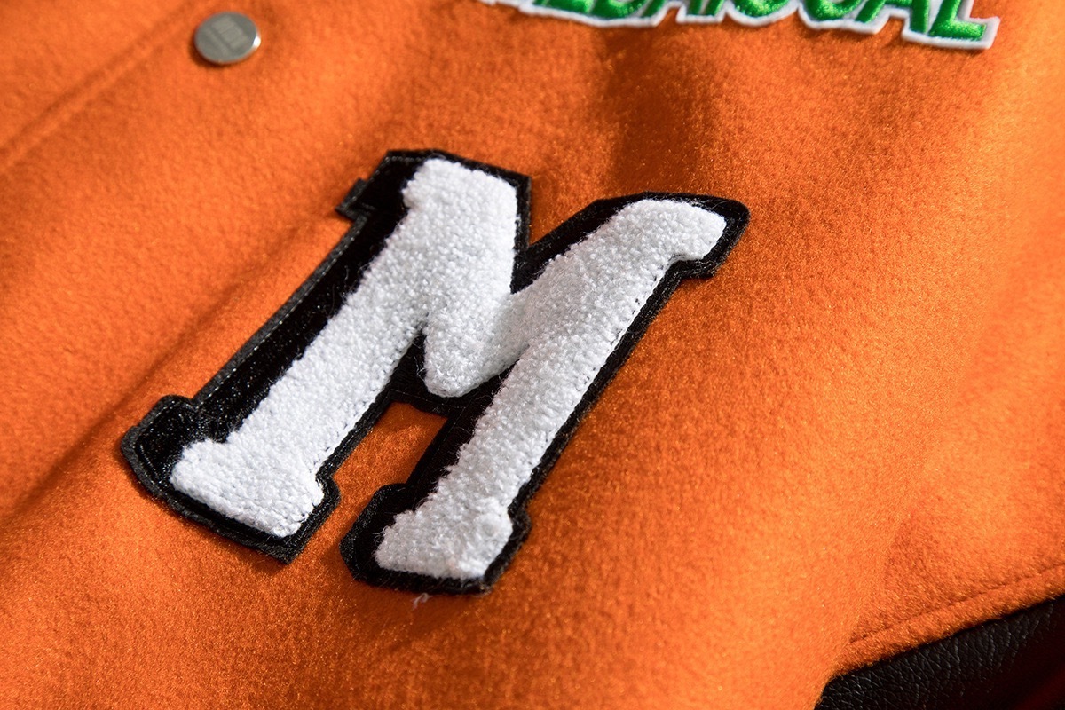 High Quality Genuine Leather Sleeves Chenille Embroidery Patch Orange Letterman Varsity Jackets Men