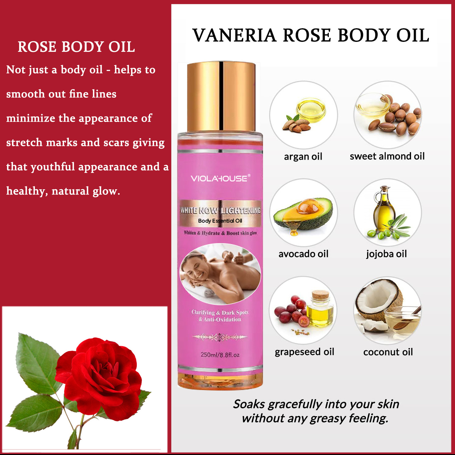 OEM/ODM Rose Whitening Oil Organic Rose Extract Deep Nourishing Brightening Private Label Body Rose Essential Oil