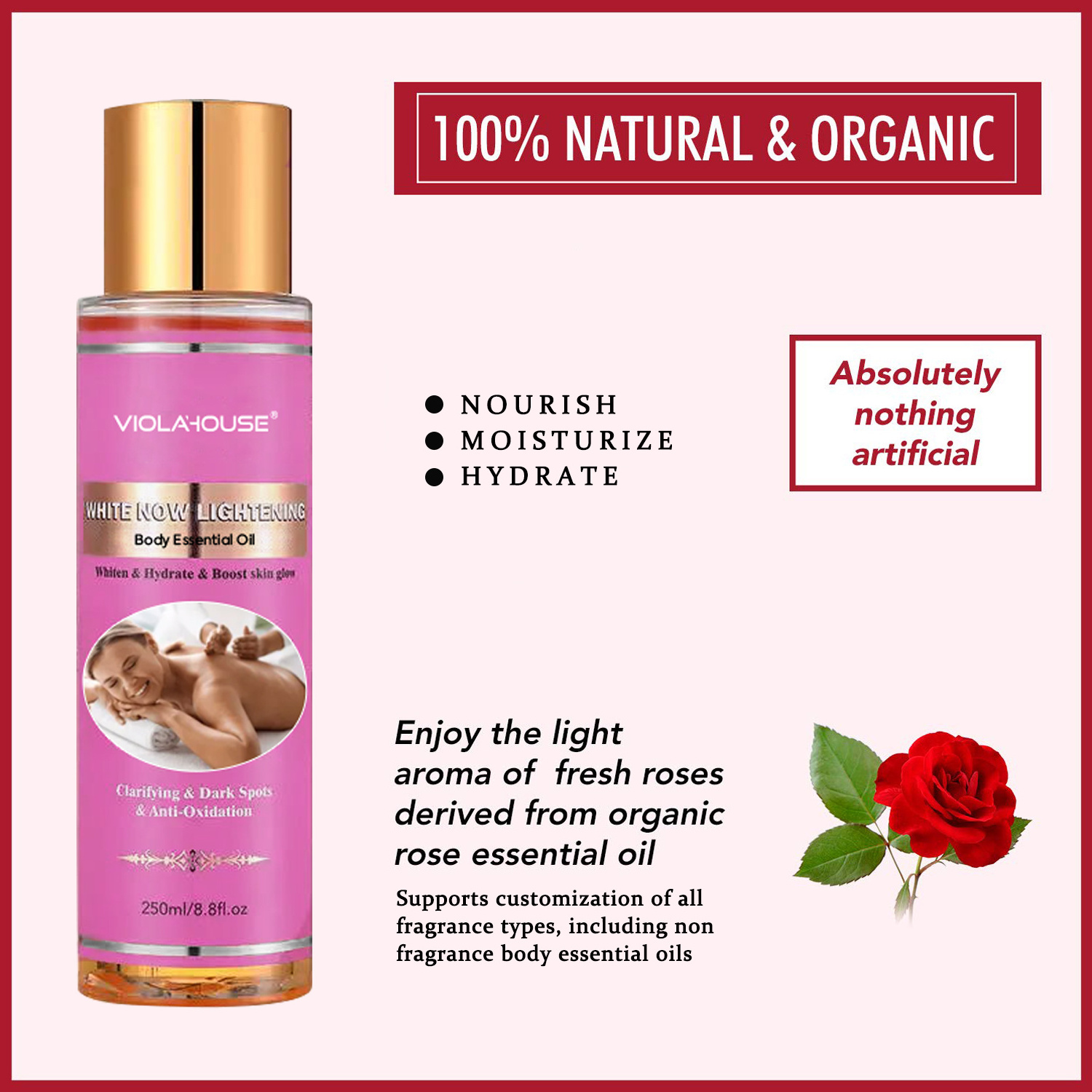 OEM/ODM Rose Whitening Oil Organic Rose Extract Deep Nourishing Brightening Private Label Body Rose Essential Oil