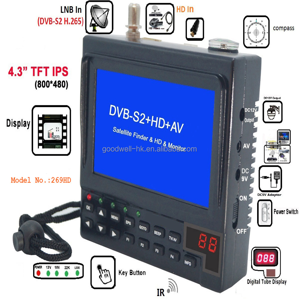 269HD IPS Panel 4.3 Inch HD Digital Satellite Finder Meter  TV Receiver Supported DVB-S/S2+HEVC(H.265/4K) satellite TV