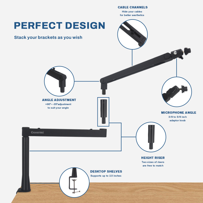 Gooermi MS600 Mic Arm Stand LP Microphone Stand Low Profile Microphone Arm Adjustable For Podcast/Streaming/Gaming