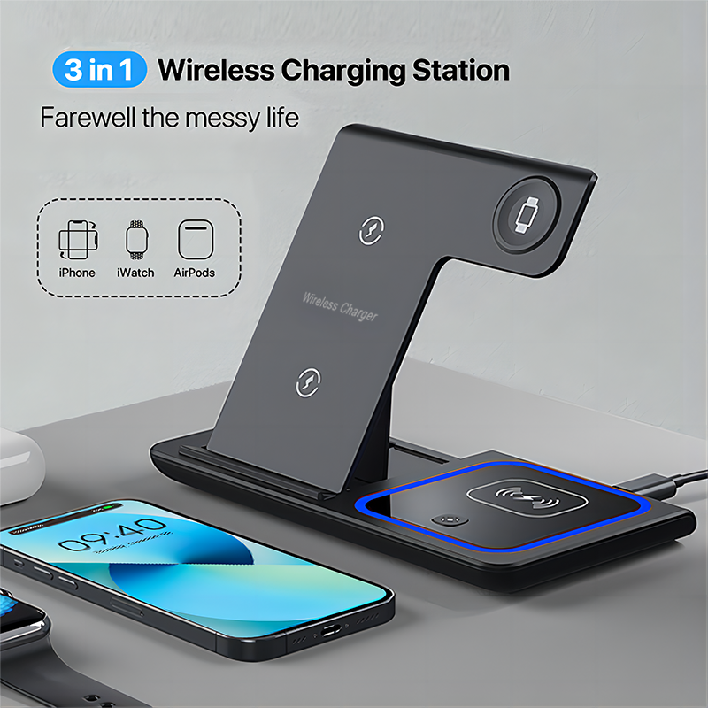 3 In 1 Desktop Wireless Mobile Phone Charger Stand Foldable Mobile Cell Phone Charger Stand