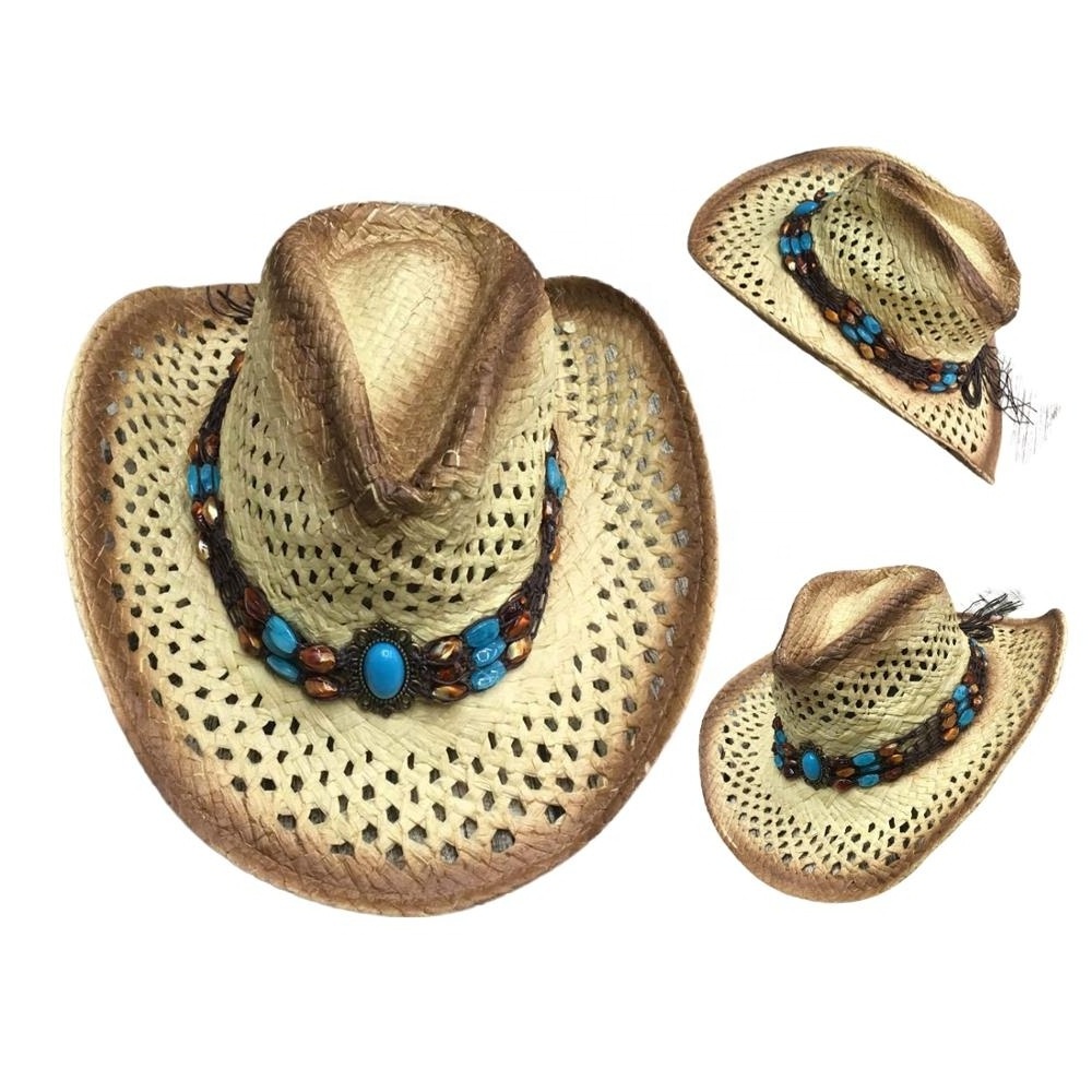 Handmade  Raffia Straw Cowboy Hat Mexico Sombreros Carbonization Hollowed Summer Beach Sun West Cowboy Hat