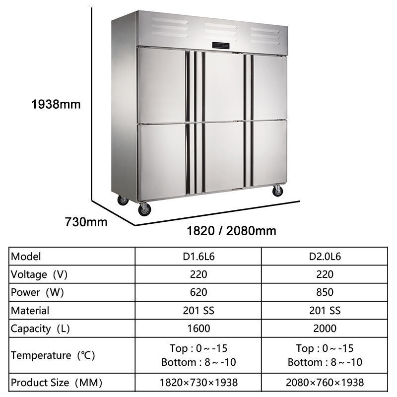 Commercial Fridge Freezer Kitchen 6 Door Stainless Steel Refrigerator Upright Refrigerator Vertical Glass Freezer