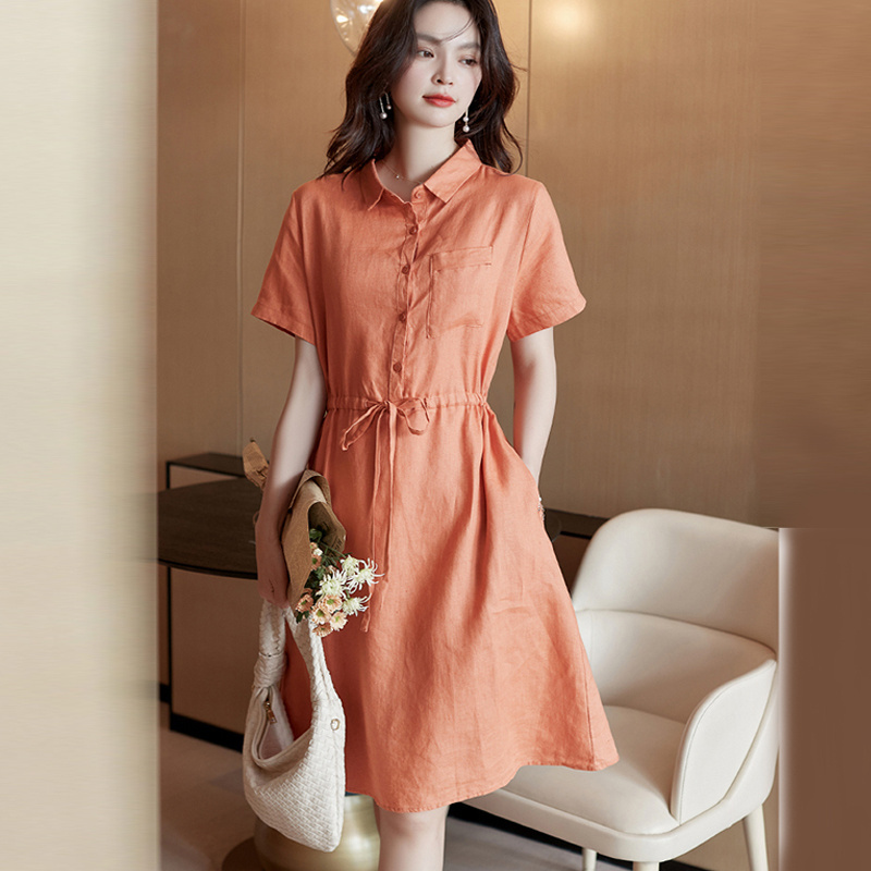 Solid Ladies Linen Dress Home Wear Linen one-piece Dress Woman Night Dress