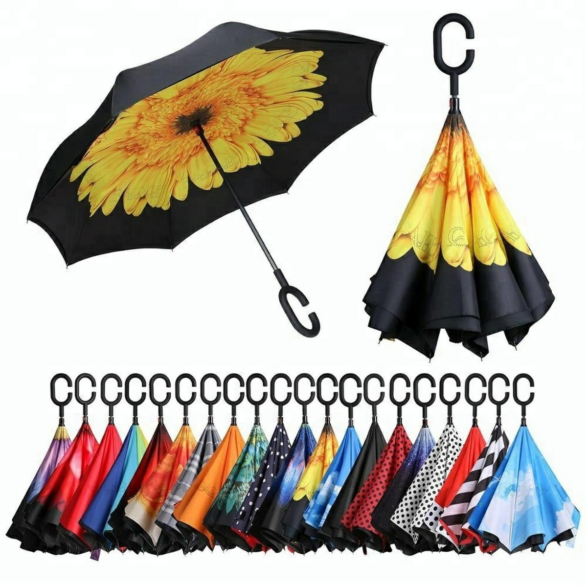 Inside full print double layer auto open close reverse inverted c  handle umbrella upside down umbrella hand free parasol