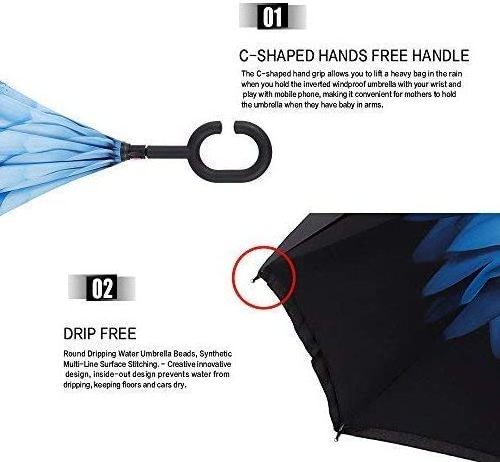 Customized Logo Creative Double-Layer C-Shaped Hand-Free Long Handle Reverse Umbrellas//