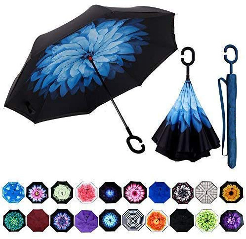 Customized Logo Creative Double-Layer C-Shaped Hand-Free Long Handle Reverse Umbrellas//