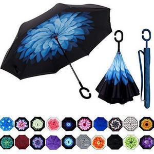 Customized Logo Creative Double-Layer C-Shaped Hand-Free Long Handle Reverse Umbrellas//