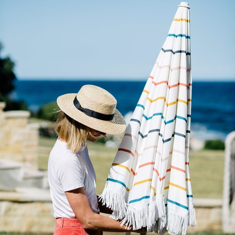 Big Shelter Umbrella Supplier Colorful Fringe Print Outdoor Beach Umbrella With Tassels//