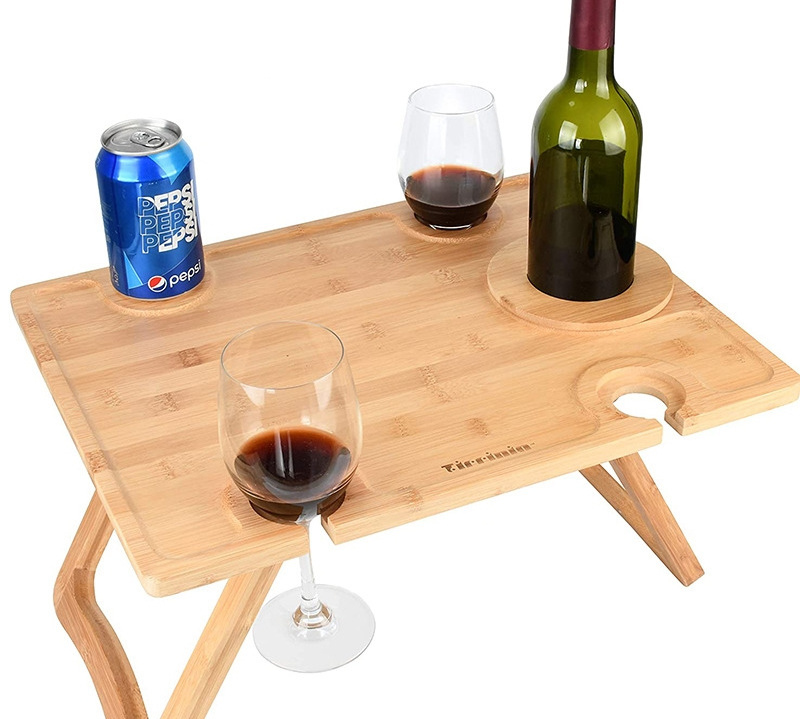 Outdoor Portable Foldable Bamboo Wood Picnic Table With Wine Bottle And Glass Holder