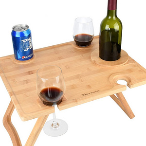 Outdoor Portable Foldable Bamboo Wood Picnic Table With Wine Bottle And Glass Holder