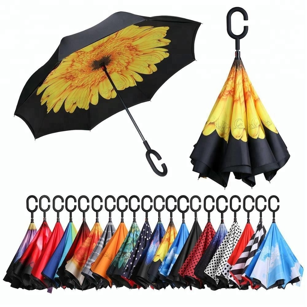 Double Layer Inside Heat Transfer Sunflower Pattern Outside,Yellow Solid Color Sturdy Auto Open Ladies Stick Umbrellas/