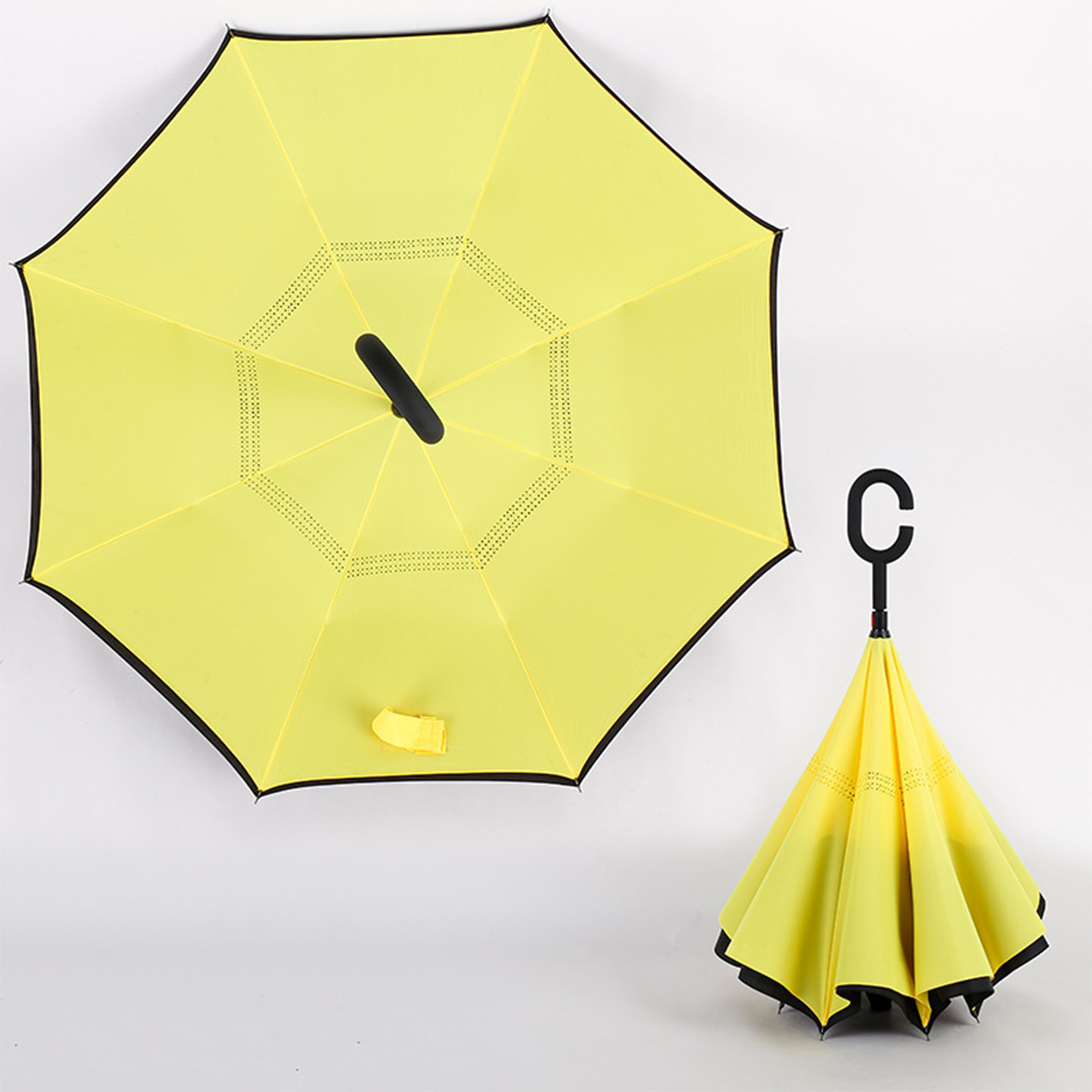 Double Layer Inside Heat Transfer Sunflower Pattern Outside,Yellow Solid Color Sturdy Auto Open Ladies Stick Umbrellas/