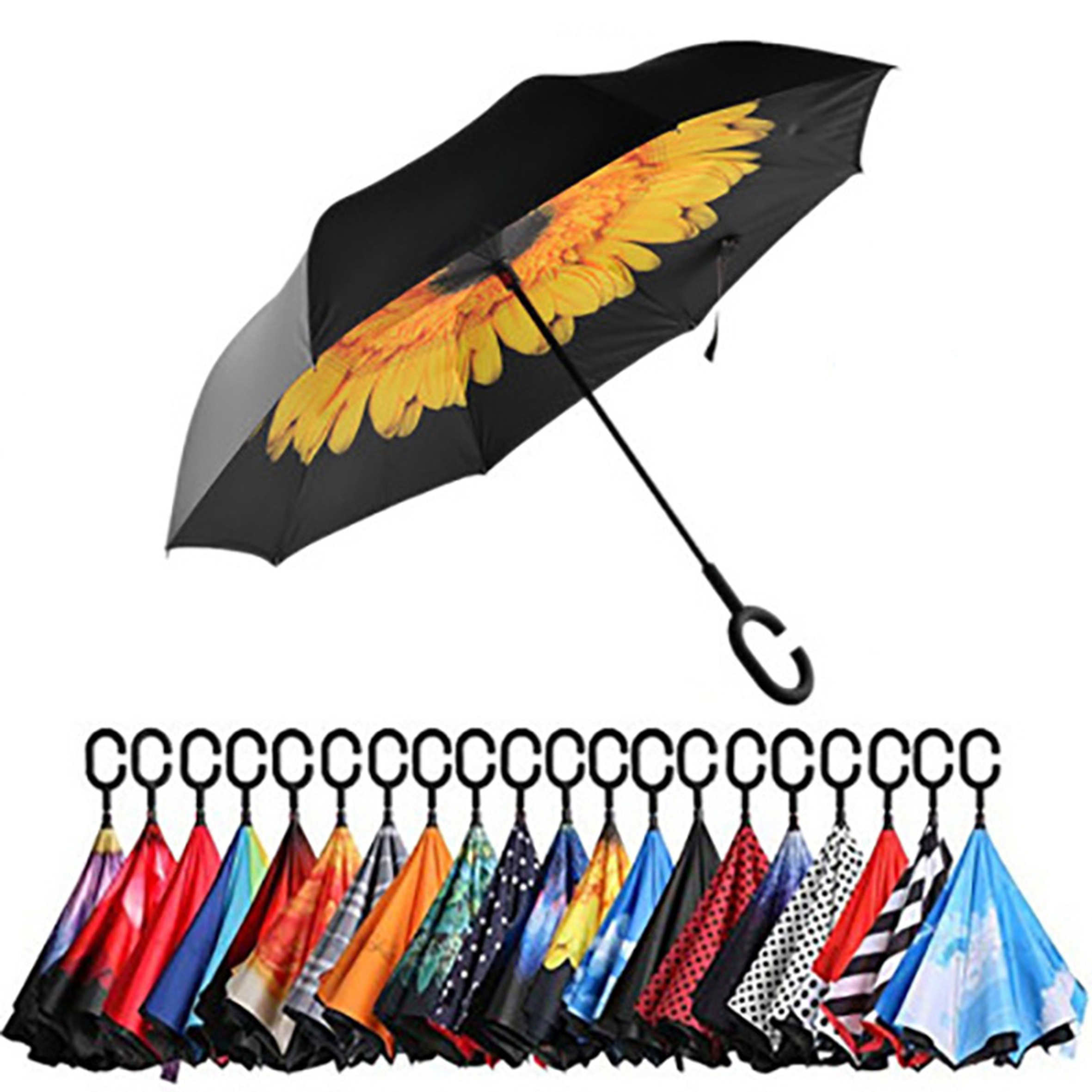 Double Layer Inside Heat Transfer Sunflower Pattern Outside,Yellow Solid Color Sturdy Auto Open Ladies Stick Umbrellas/