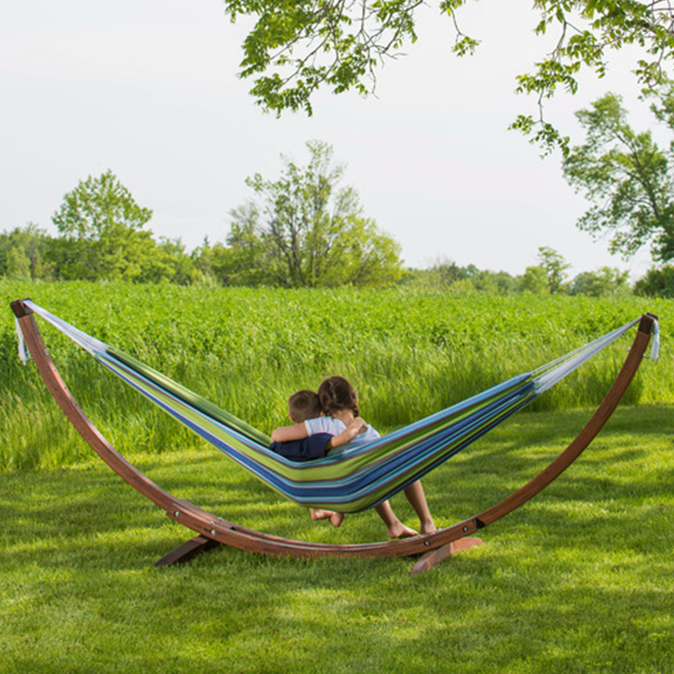 2 Person Double Cotton Hammock with Stand Set,Outdoor Hammock Brazilian Style with Steel Stand 450lb Weight Capacity/