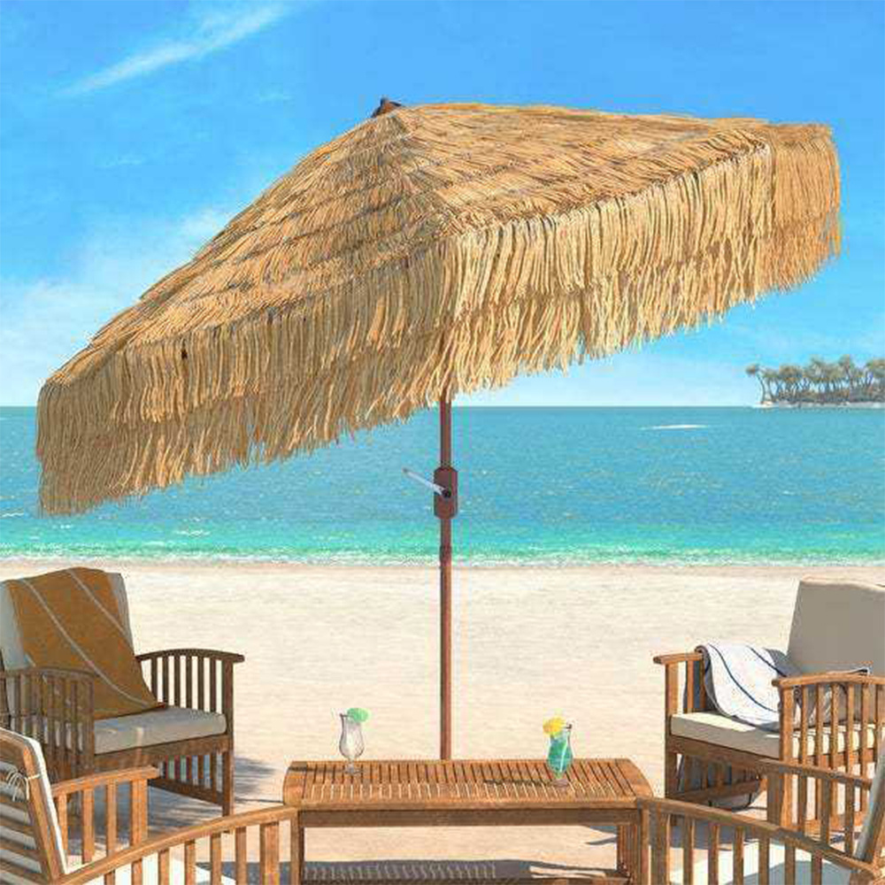 Crank Open System 10 Feet Beach Umbrellas,Thatched Hula Umbrellas Straw Parasol Umbrellas in Natural Retro Style/