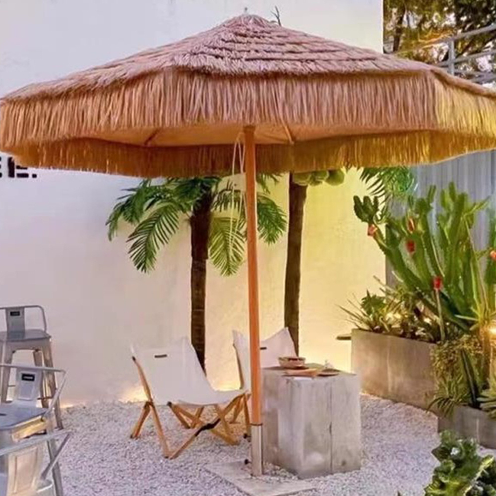 Crank Open System 10 Feet Beach Umbrellas,Thatched Hula Umbrellas Straw Parasol Umbrellas in Natural Retro Style/