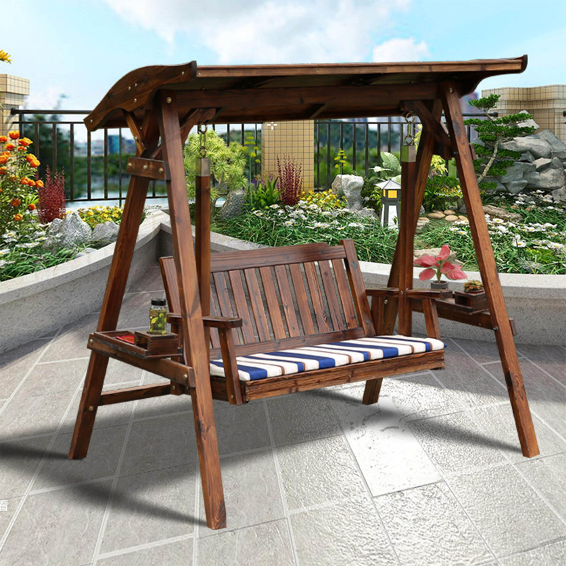 3 Seat Deluxe Outdoor Patio Porch Swing with Weather Resistant Steel,Frame Adjustable Tilt Canopy Cushions and Pillow/