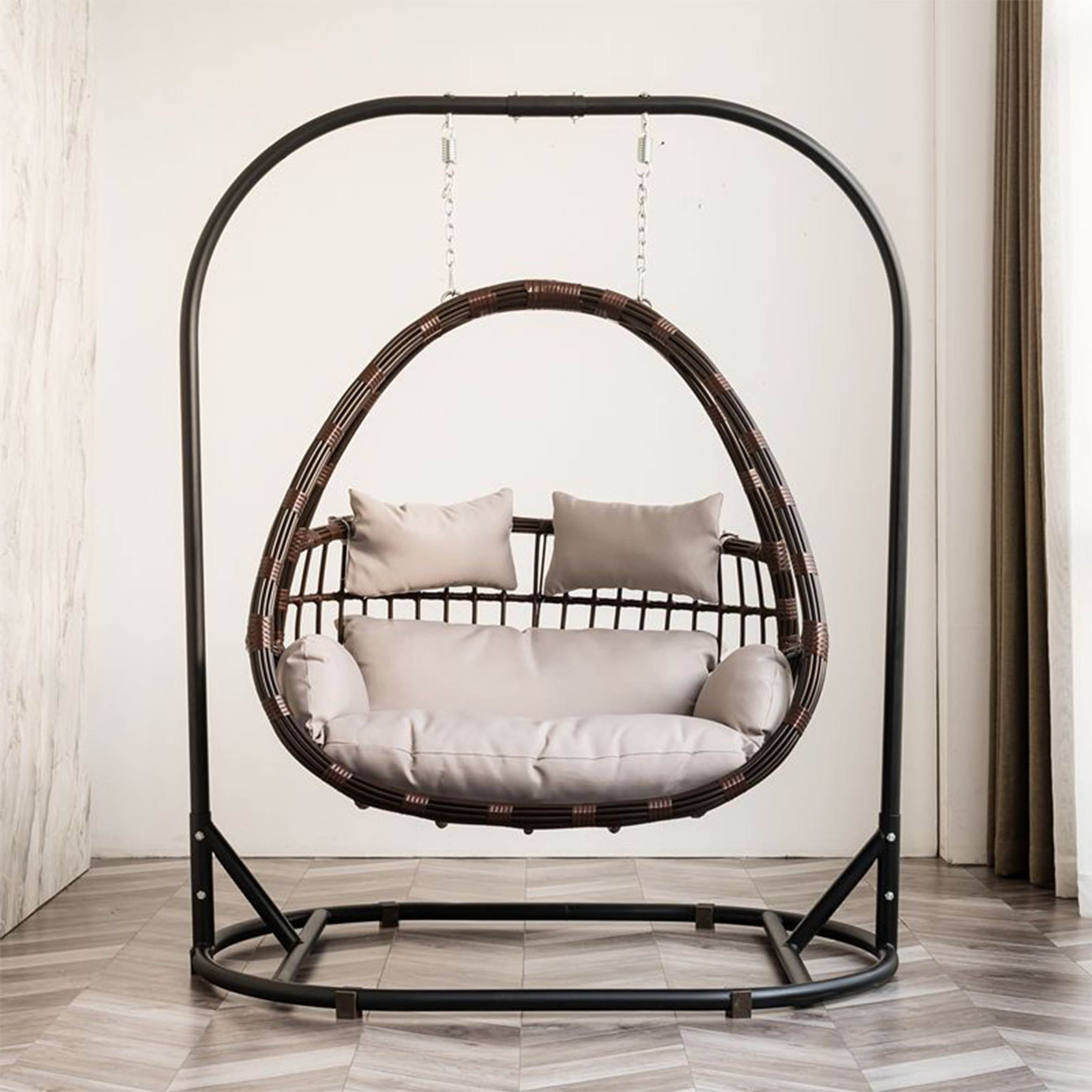 Outdoor Indoor Rope Hanging Swing Chair Garden Single Patio,Rattan Egg Cushion Metal Stand Wicker Hammock Double Seat For/