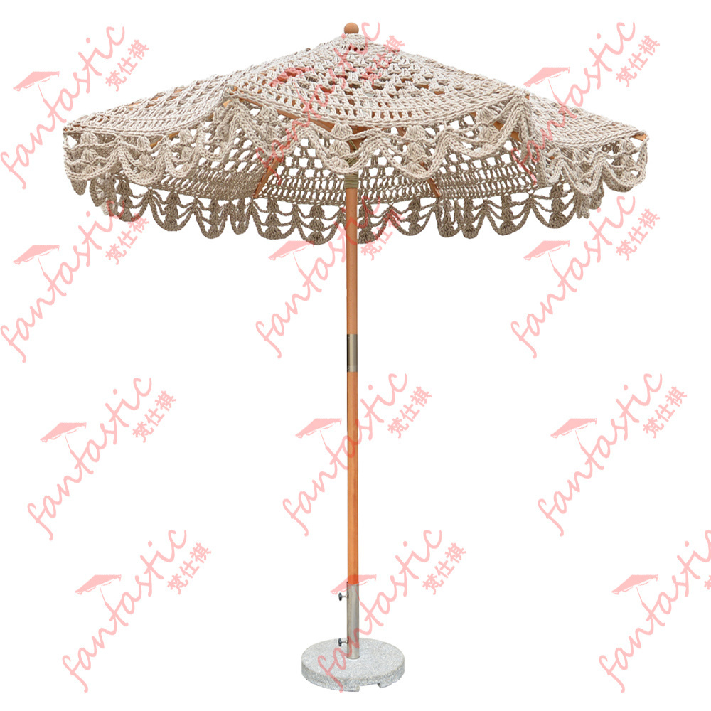 Bohemia cotton rope macrame parasols 2.5m wooden pole handmade tassels woven canopy beach umbrella with macrame fringe