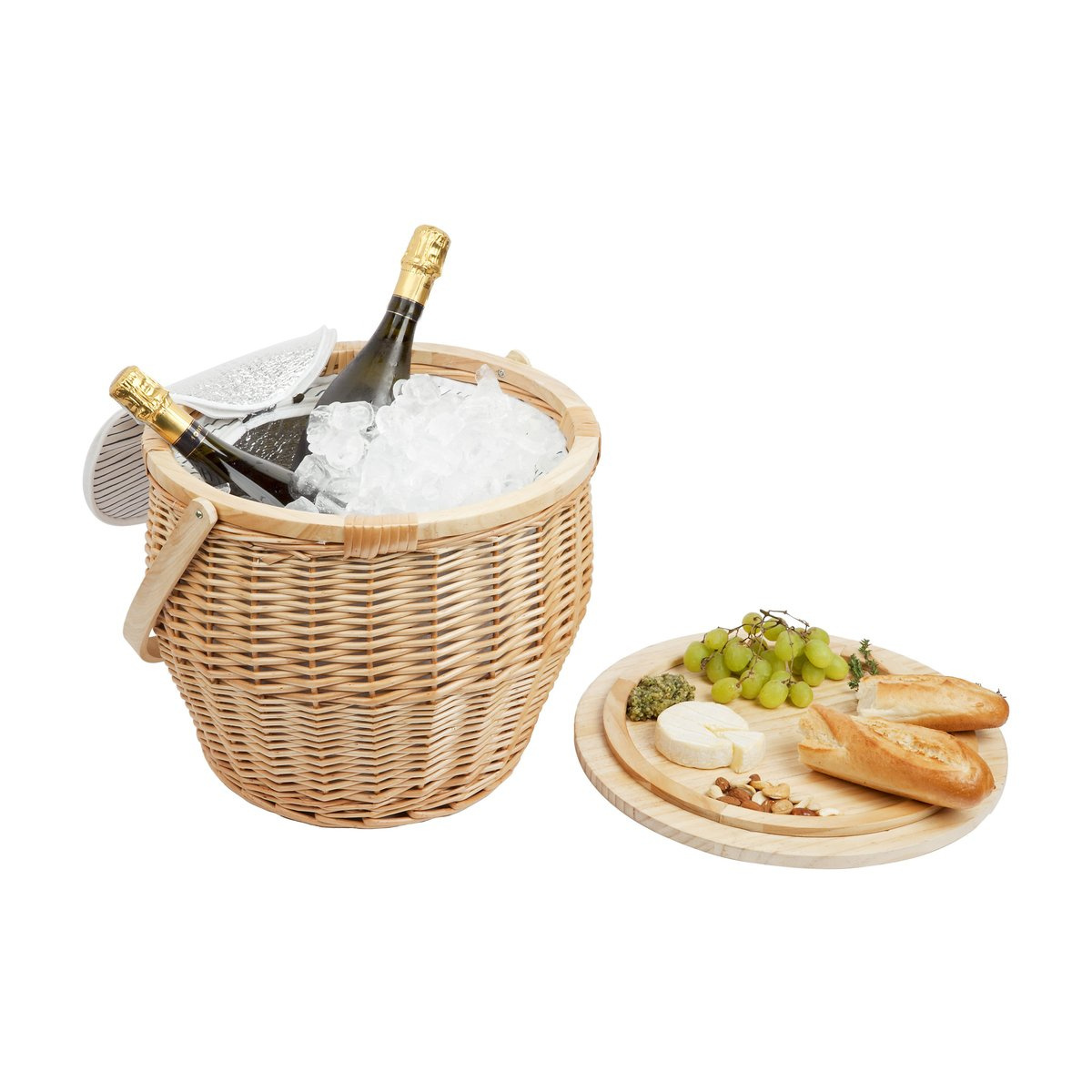 Round Wicker Beach Basket Manufacture Foldable Rattan Picnic Basket Cooler Insulated Set With Wood Lid