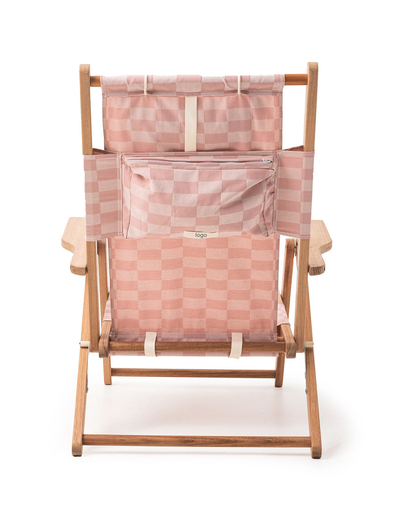 Custom Patterned Oxford Cloth Wooden Dusty Pink Check Beach Folding Portable Lounge Chairs With Pillow