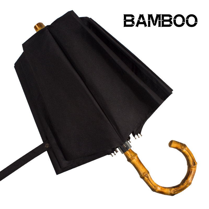 Classic foldable large umbrella fold deco umbrella with hook bamboo handle