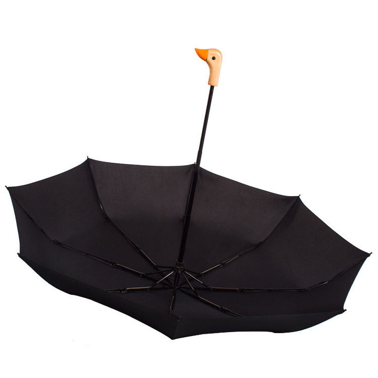 Popular High Quality 3 Fold Custom Kids Lovely Fancy Wooden Animal Bird Duck Head Handle Umbrella