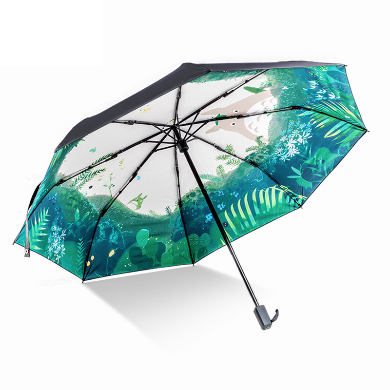 Totoro Pattern 3 Folding External Sunscreen Black Coated Flower Print Inside Umbrella With Custom Print