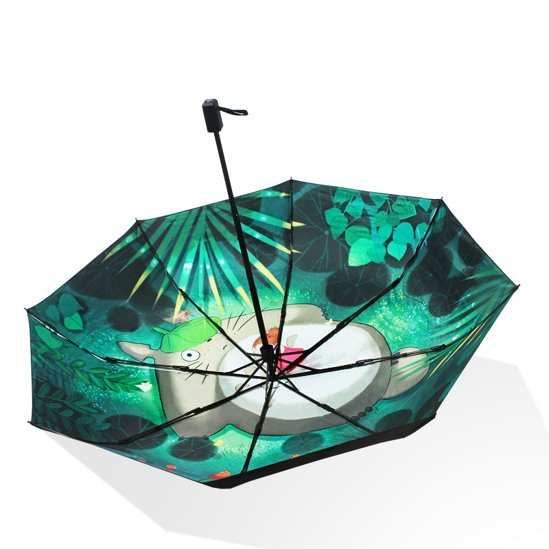 Totoro Pattern 3 Folding External Sunscreen Black Coated Flower Print Inside Umbrella With Custom Print