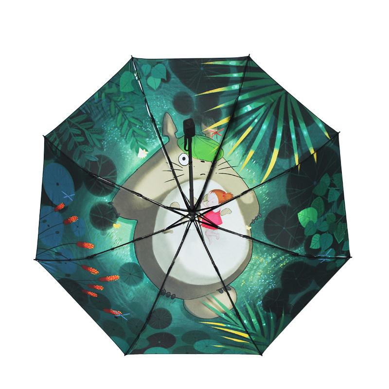 Totoro Pattern 3 Folding External Sunscreen Black Coated Flower Print Inside Umbrella With Custom Print